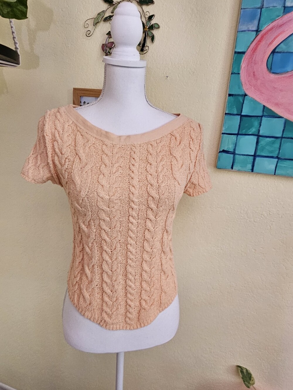 Free People Peach Cable Knit Short-Sleeve Women's Sweater Sz S